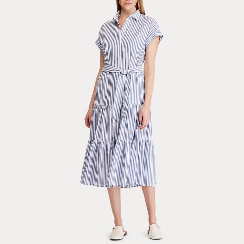 Lauren Ralph Lauren Striped Blue & White Tiered Shirt Dress
